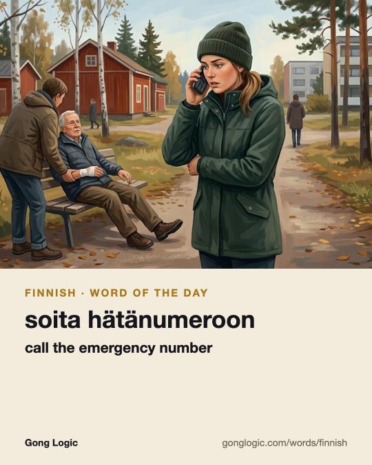 The Finnish word soita hätänumeroon, illustrated