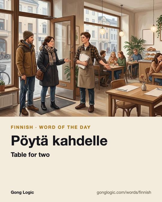 The Finnish word Pöytä kahdelle, illustrated