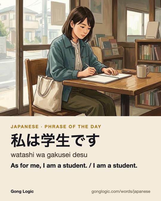 The Japanese word 私は学生です, illustrated