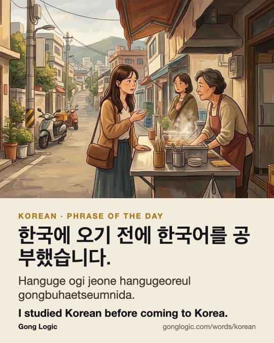 The Korean word 한국에 오기 전에 한국어를 공부했습니다., illustrated