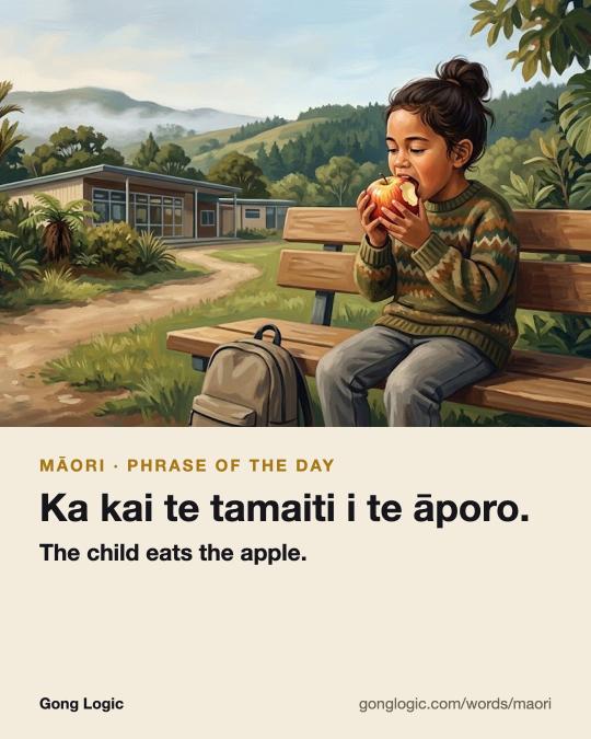 The Māori word Ka kai te tamaiti i te āporo., illustrated
