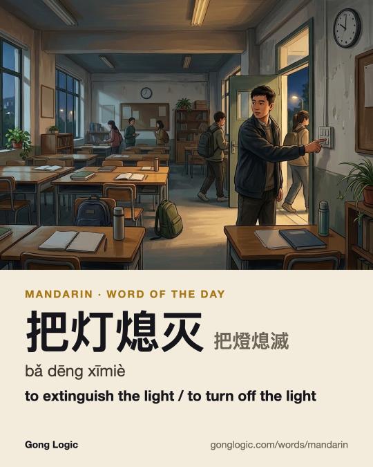 The Mandarin word 把灯熄灭, illustrated